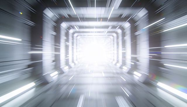 Futuristic tunnel racing toward blinding vanishing light with illuminated archways