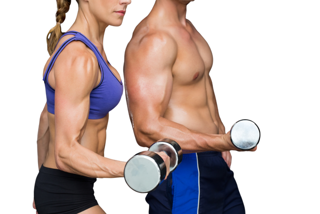 Caucasian Couple Lifting Dumbbells, Emphasizing Muscular Arms, Transparent Background - Download Free Stock Videos Pikwizard.com