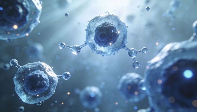 Microscopic cells with membrane blebs and dark nuclei floating in liquid culture, detailed