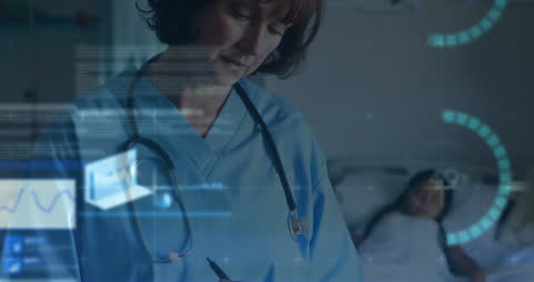 Healthcare worker documenting patient information with digital data overlays