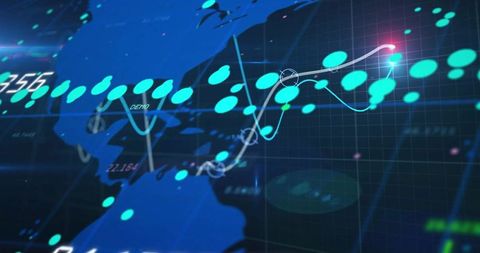 Tracking global market trends with neon data visualization over blue map grid and nodes