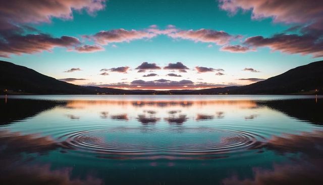 Teal pink sunrise reflecting over calm mountain lake mirroring symmetrical clouds and ripples