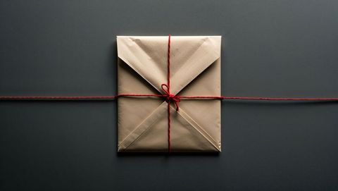 Kraft paper package tied with red twine, criminal record document concept