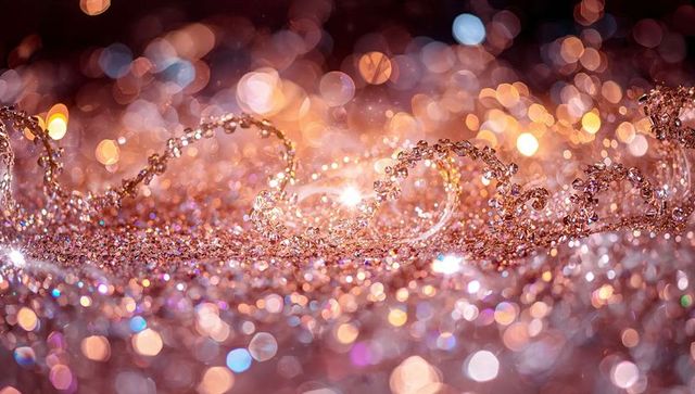 Rose gold crystal bead garland sparkling on glitter surface with warm bokeh lights