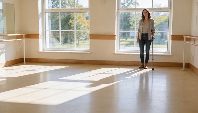 Confident woman standing with single-point cane in sunlit barre studio for mobility and balance