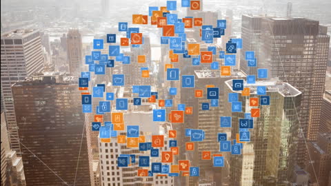 Digital Connectivity Concept with Icon Network Over Cityscape