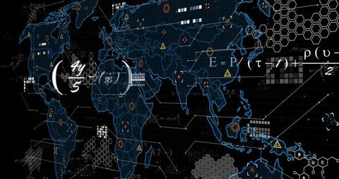 Futuristic world map with data analytics overlays
