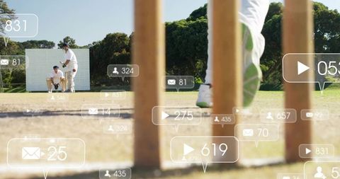 Cricket bowler passing stumps with batsman waiting and livestream engagement overlays