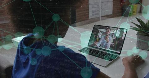 Remote video coaching session with virtual network overlay, laptop meeting in home office