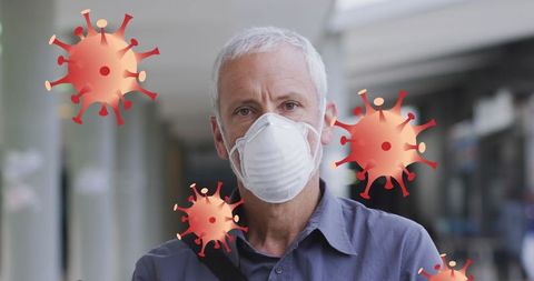 Senior Man in Face Mask with Covid-19 Virus Cells Visualization
