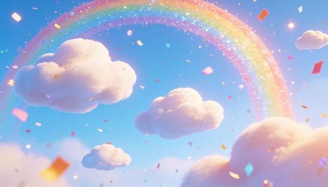 Dreamy pastel sky with fluffy clouds, sparkling rainbow arch and glitter confetti