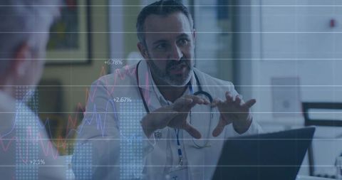 Physician Explaining Patient Data with Digital Charts and Laptop during Clinical Consultation