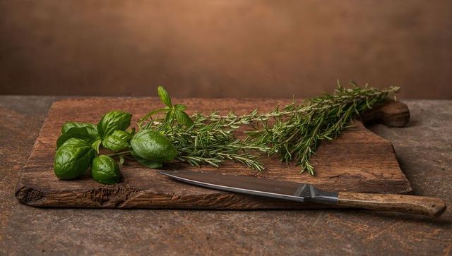 Rustic wooden cutting board showcasing fresh basil and rosemary with carving knife