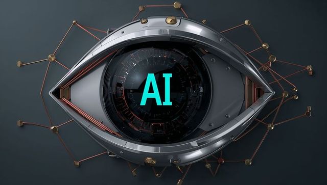 Futuristic cybernetic eye featuring cyan ai lens and copper neural network, metallic hub