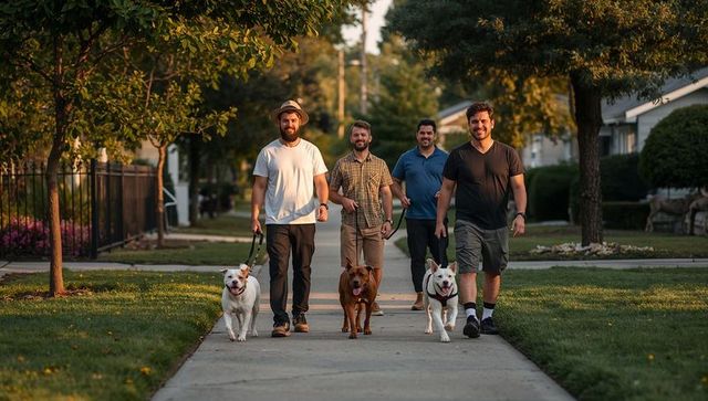 Four men walking dogs on suburban sidewalk at golden hour, casual neighborhood stroll