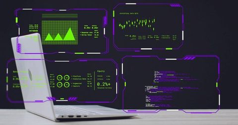 Silver laptop opening revealing neon holographic tech panels with charts and code