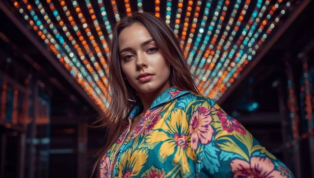 Woman in Floral Jacket Under Colorful Urban LED Lights