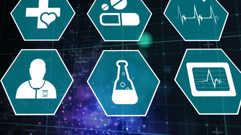 Digital Science and Medicine Icon Montage on Hexagonal Layout