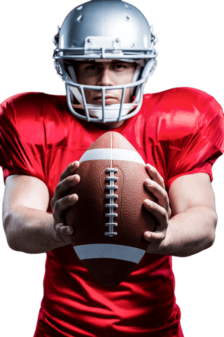 American Football Player Wearing Helmet Holding Ball on Transparent Background
