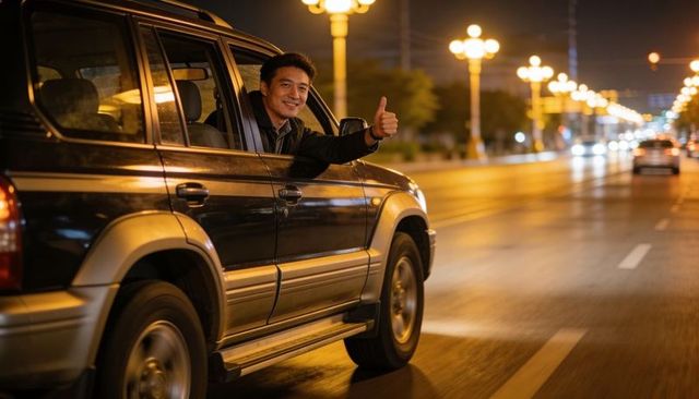 Smiling driver giving thumbs-up from suv window at night on illuminated city boulevard