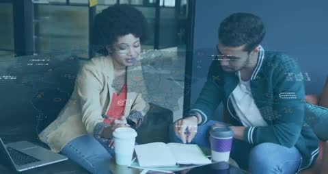 Diverse Team Collaborating with Innovative Data Overlay in Modern Office