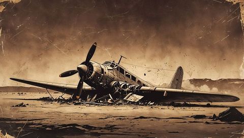 Vintage plane crash wreckage on desert landscape