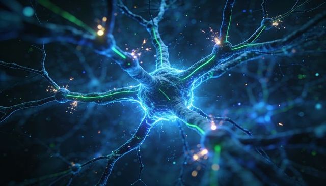 Glowing neuron transmitting electrical signals along dendrites and axon, neon network