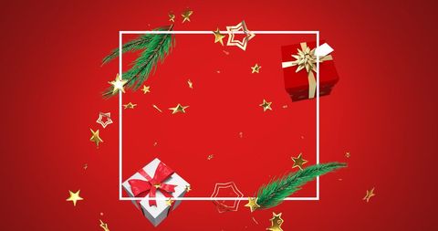 Festive Christmas Frame with Gifts and Pine Sprigs on Red Background - Download Free Stock Images Pikwizard.com