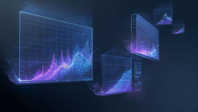 Floating holographic data dashboards with neon line and bar graphs in dark virtual space