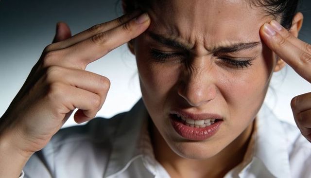 Businesswoman experiencing migraine pain and stress closeup showing tension and discomfort