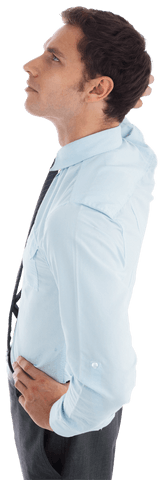 Transparent Confident Businessman Looking Up with Hands on Hips