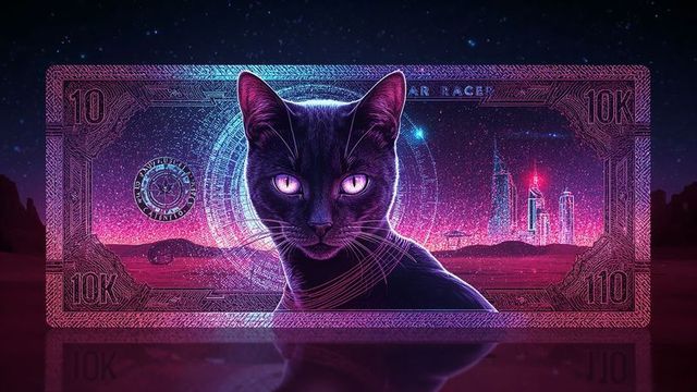 Neon Futuristic Currency Note with Black Cat in Cosmic Desert