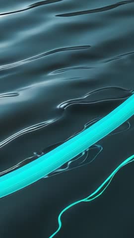 Gliding cyan ribbon over rippling dark plane with neon filament looping vertical motion