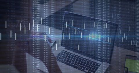 Laptop with candlestick charts overlay showing trading analysis on office desk