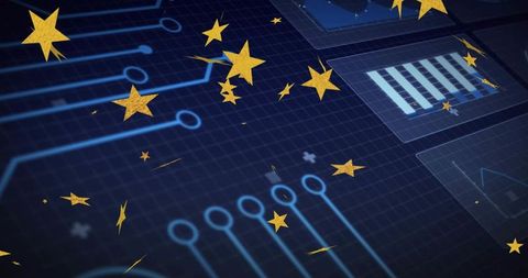 Golden Stars Floating Over Futuristic Circuit Dashboard with Neon Grid