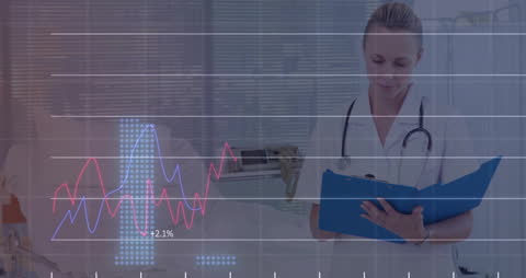 Female Doctor Analyzing Medical Data with Graph Overlay