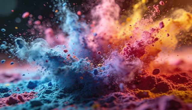 Color powder explosion macro: vibrant pigment clouds colliding in high-speed color burst