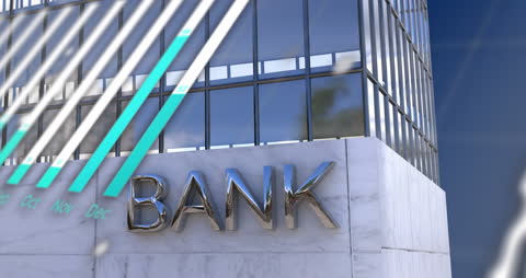 Modern Bank Building with Overlaid Financial Data Animation