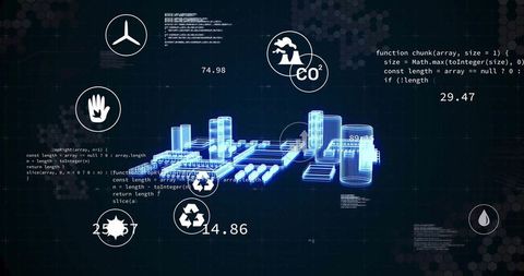 Futuristic industrial hologram with data visualization overlays