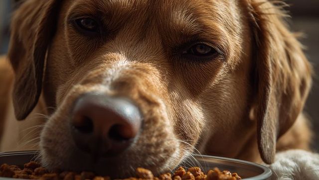 Closeup golden-brown dog sniffing kibble with expressive eyes and whiskered muzzle