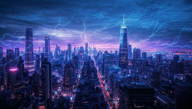 Neon storm lighting futuristic metropolis skyline with central light avenue