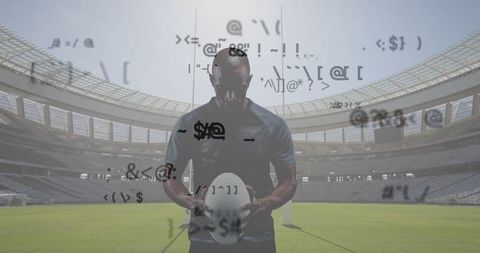 Rugby Player with Dynamic Symbols on Stadium Field