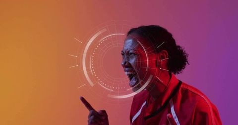 Female athlete shouting and pointing with futuristic hud overlay in neon gradient lighting