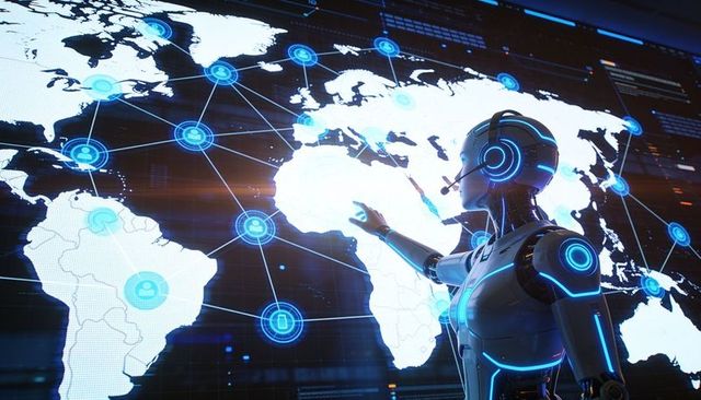 Female ai operator controlling global network with futuristic robot and holographic headset