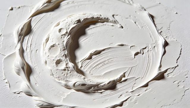 Swirling crescent of thick white paint creating textured impasto surface on canvas
