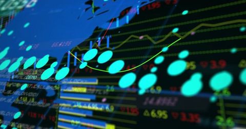 Displaying trading dashboard with neon green trend and cyan markers over dark world map