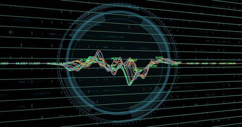 Neon cyberpunk hud displaying multichannel waveform time series over circular radar rings