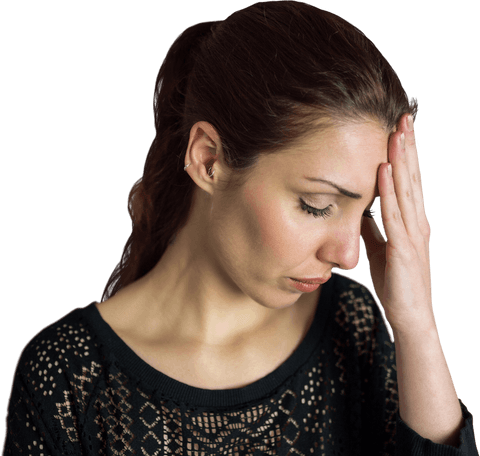 Transparent Stressed Woman With Eyes Closed Holding Forehead