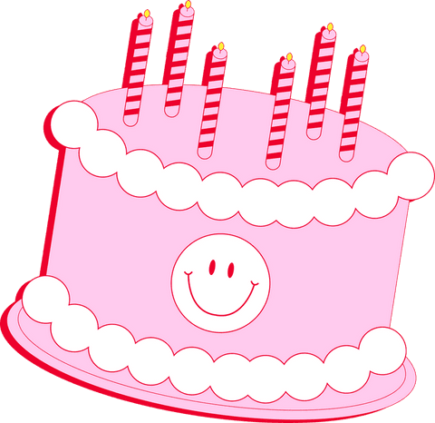 Transparent Kawaii Pink Cake with Smiley Face and Striped Candles