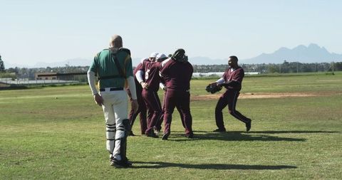 Baseball players celebrating victory on sunny field